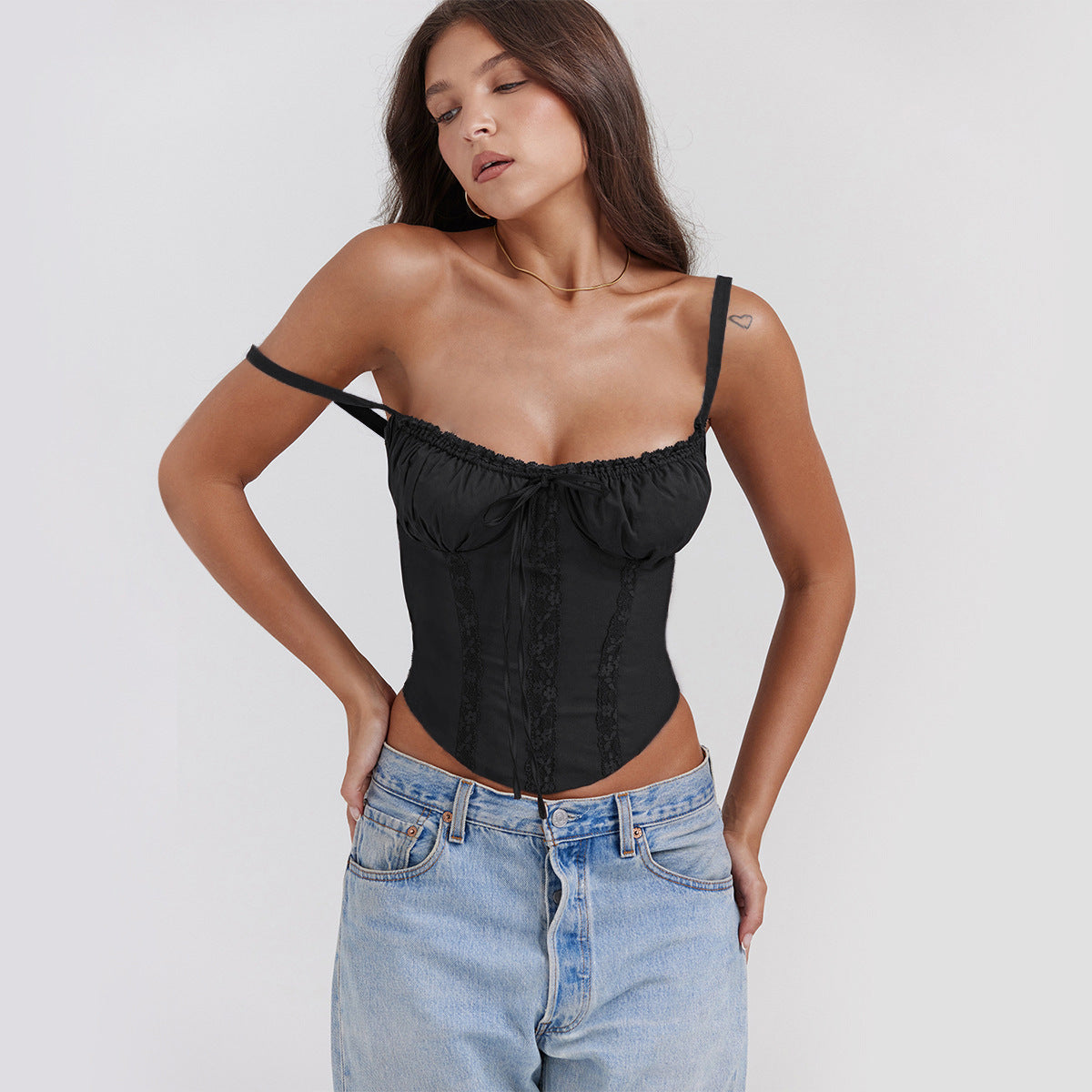 Camisole Femme Slim Fit Satin Look Dentelle Bretelles Spaghetti Courte Pour Jour Et Soir