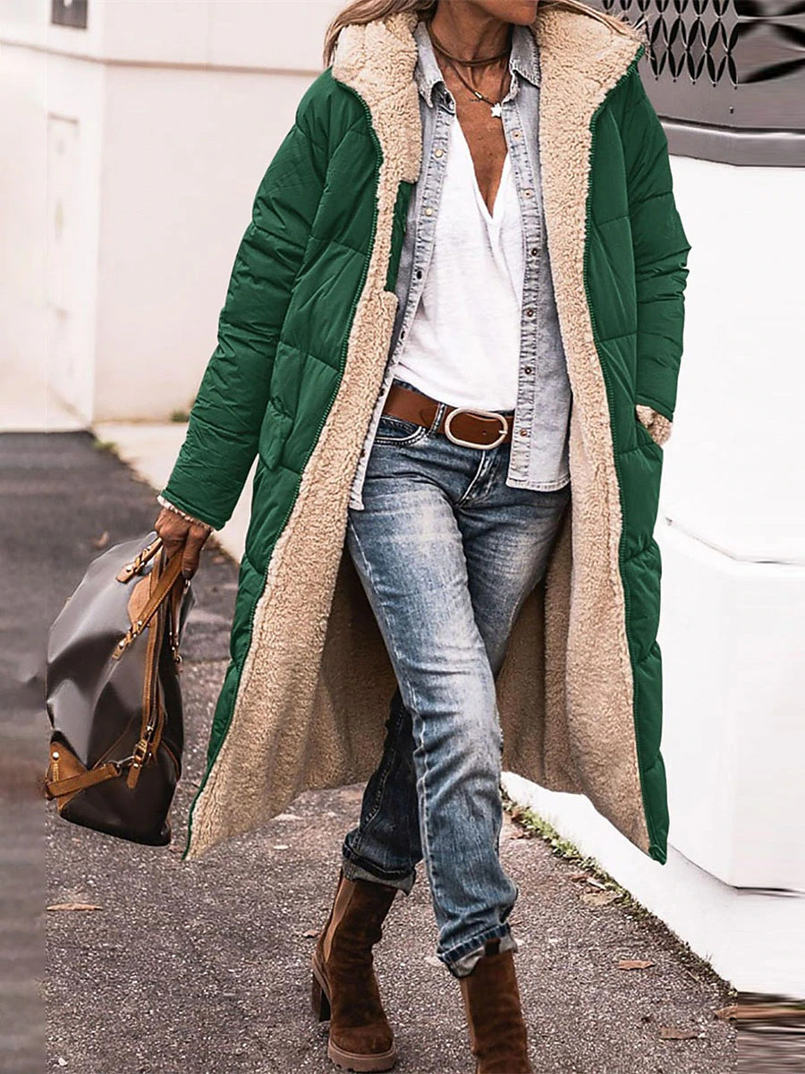 Damen Lange Steppjacke mit kuscheligem Innenfutter und Kapuze Amawinc