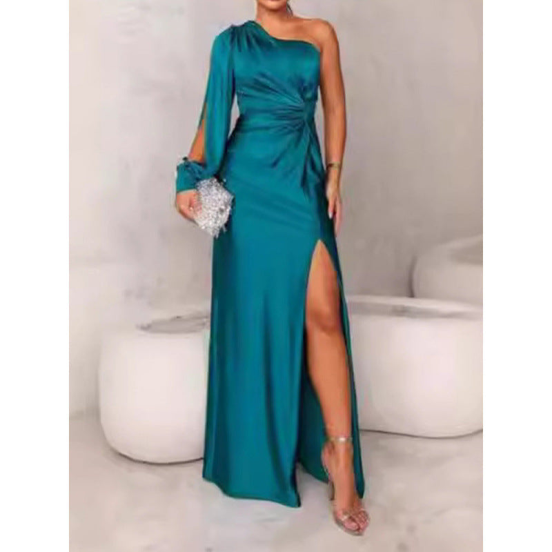 Robe À Une Épaule Pour Femme Maxi En Satin Élégante Coupe Slim Avec Fente Haute Pour Soirée