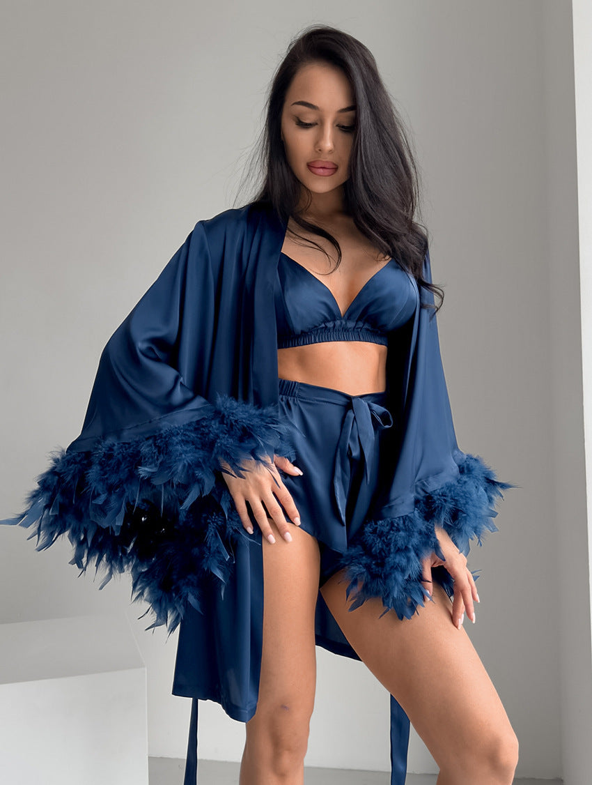 Damen Satin Kimono mit Federn Amawinc