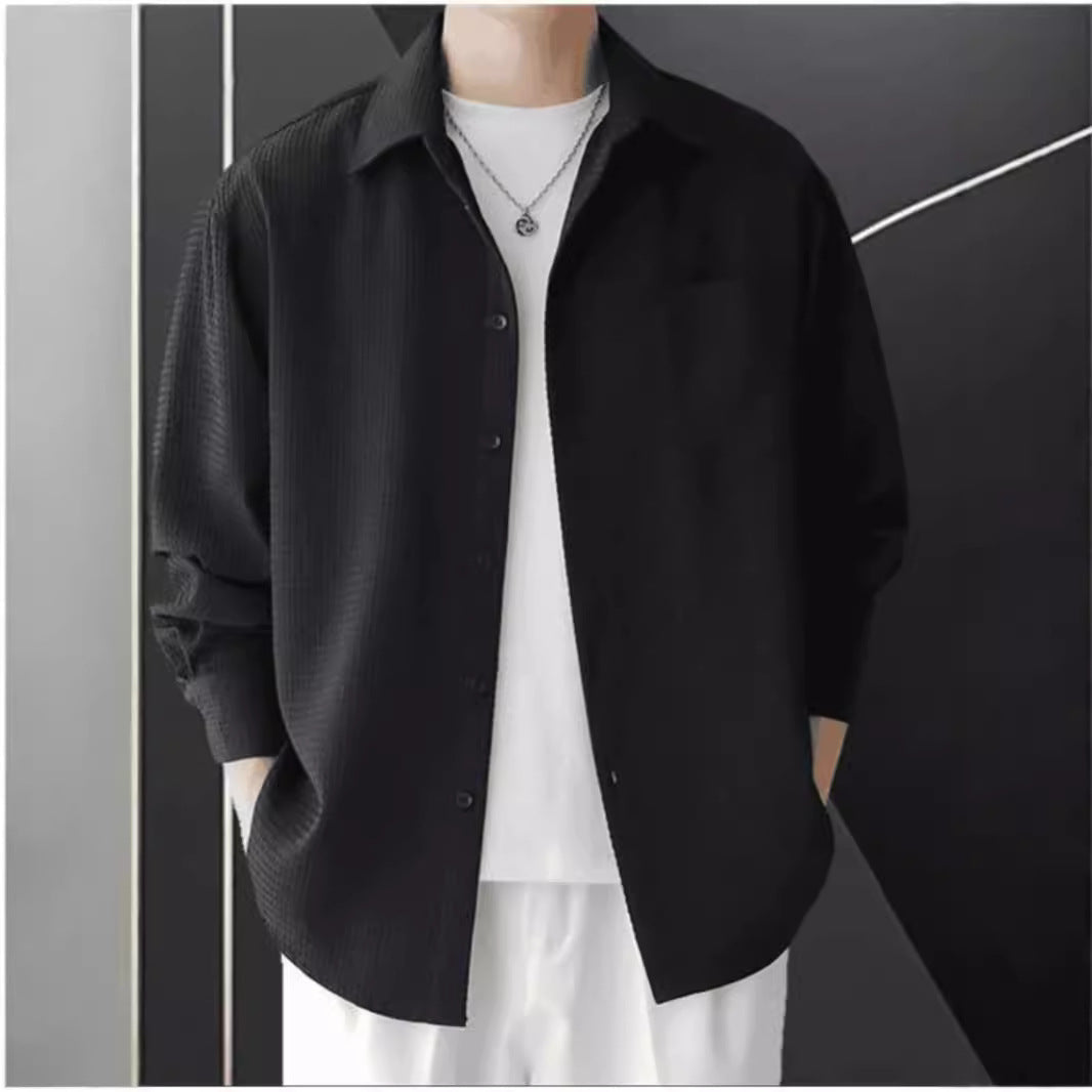 Chemise Tricot Gaufré Homme Oversize Manches Longues Boutons Décontracté Coton Acrylique Pour Le Quotidien