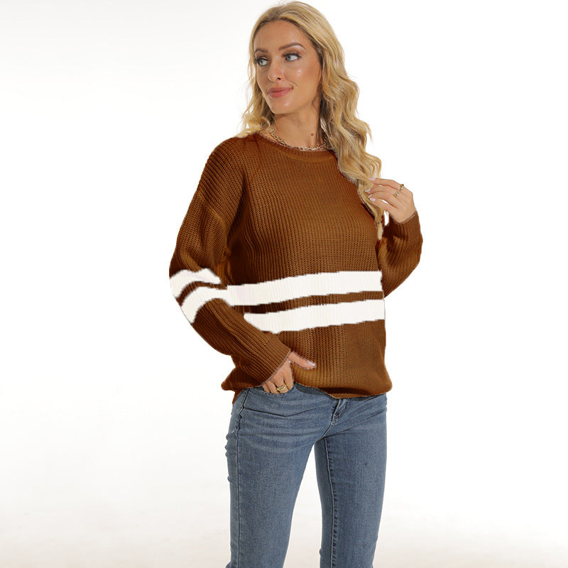 Damen Grobstrickpullover mit sportlichem Streifenmuster und lockerer Passform Amawinc
