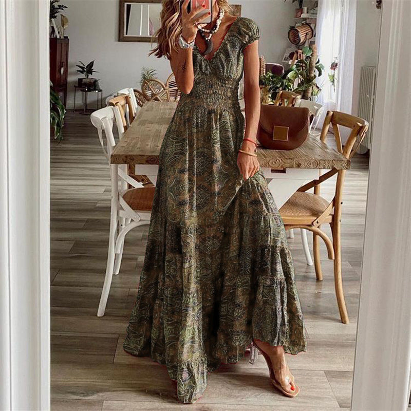 Robe Maxi Femme Col En V Buste Smocké Jupe À Étages Coton Respirant Amawinc Confortable Légère