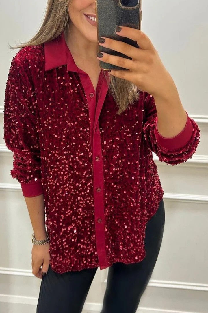 Damen Glitzernde Bluse aus Pailletten mit klassischem Kragen Amawinc