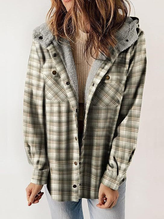 Veste En Laine Pour Femmes Coupe Décontractée Motif À Carreaux Capuche Doublée De Peluche Boutonnage Devant