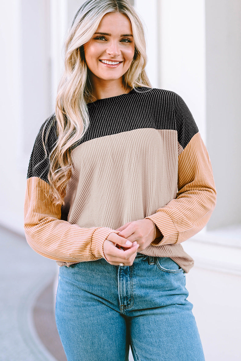 Damen lässiger Pullover mit Rippstruktur und Farbblöcken Amawinc
