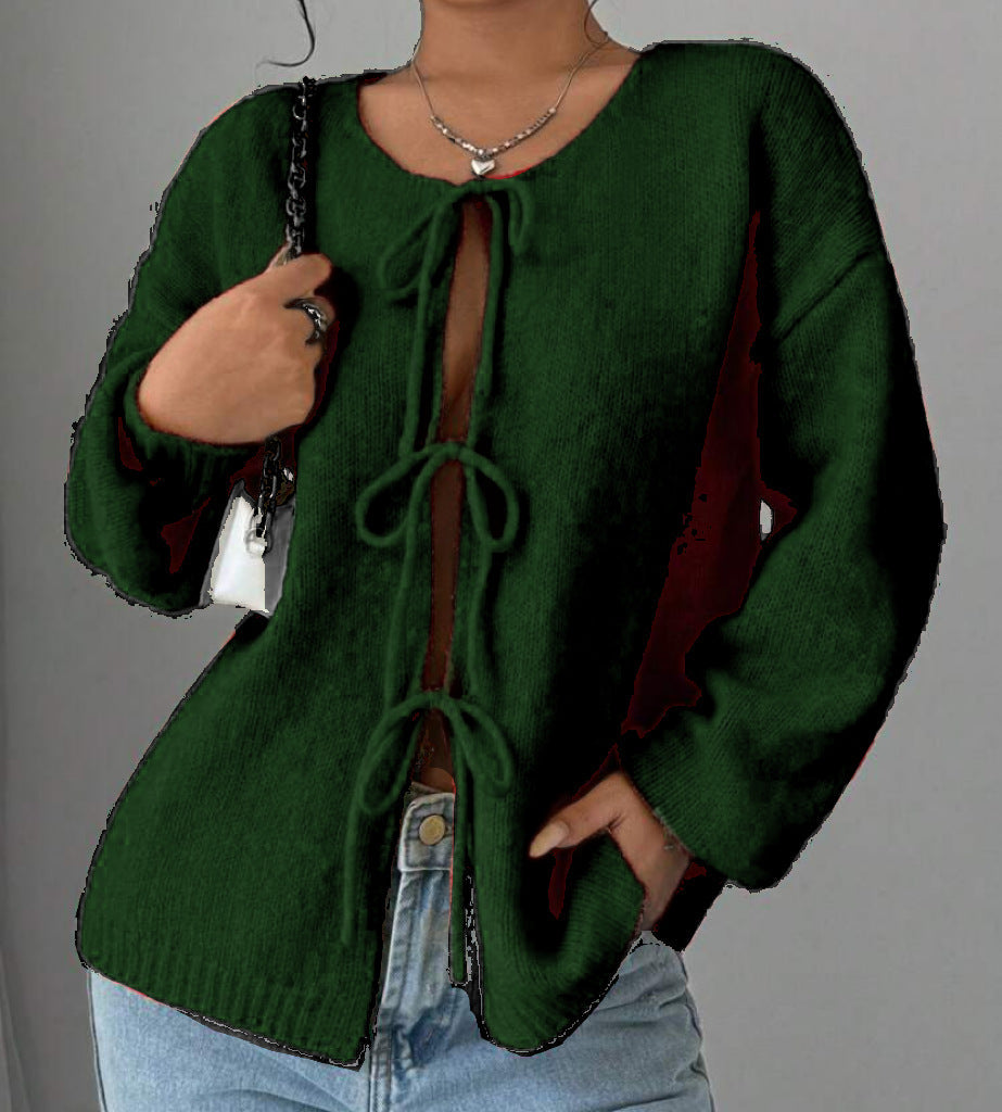 Damen Oversized Strickpullover mit dekorativem Schnürdetail Amawinc