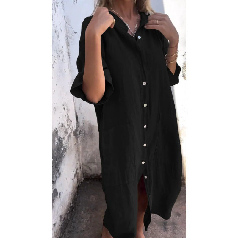 Baumwoll-Leinen Hemdkleid mit Dreiviertelärmeln von Fudus in lässiger Passform