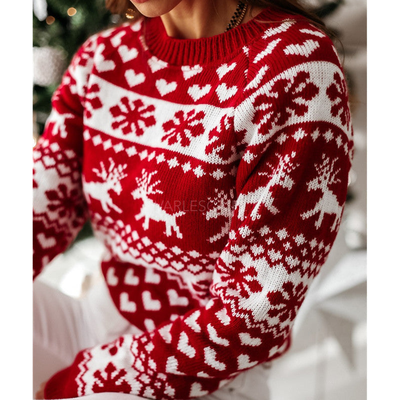 Damen Strickpullover mit weihnachtlichem Muster und Rundhalsausschnitt Amawinc