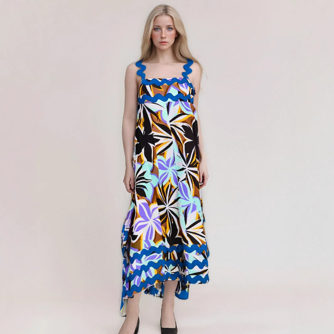 Robe Maxi Femme Léger Imprimé Floral Élégant Bretelles Ondulées Bord Délicat Pour Été Et Célébrations Amawinc