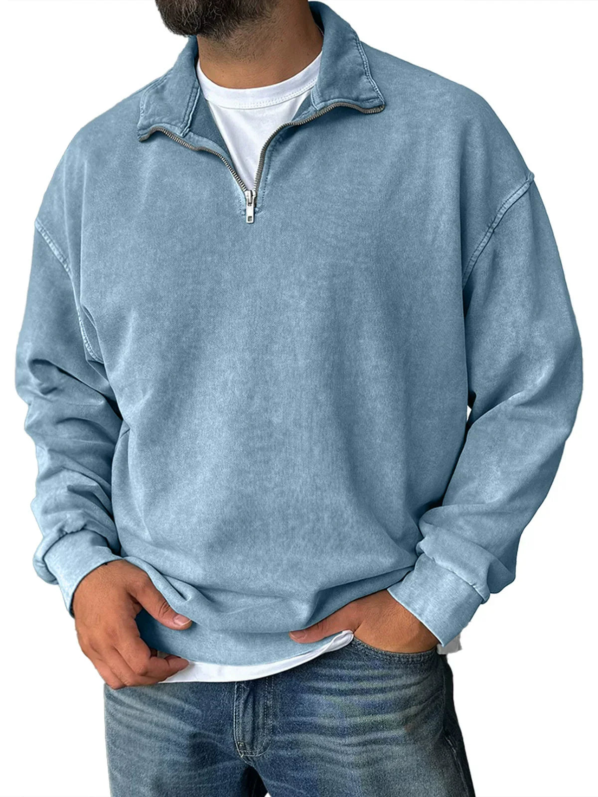 Sweat Homme Demi Zip Col Montant Mélange Coton Coupe Décontractée Épaule Tombante Amawinc