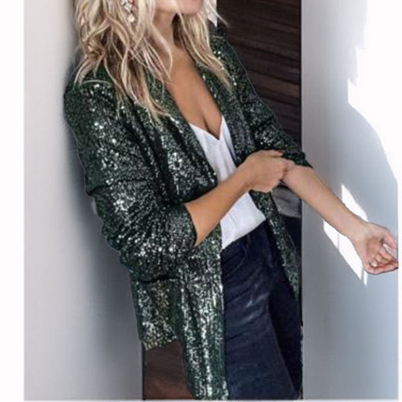 Blazer Femme Revêtu De Sequins À Ouverture Devant Coupe Ajustée Manches Longues Élégant Pour Soirées Festives
