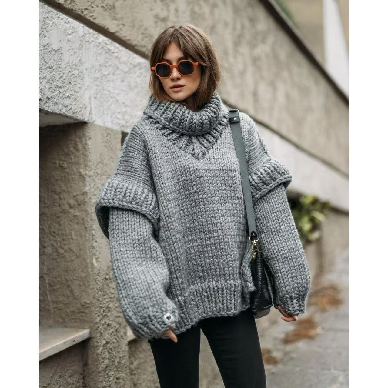 Damen Oversized Strickpullover mit hohem Kragen und voluminösen Ärmeln Amawinc