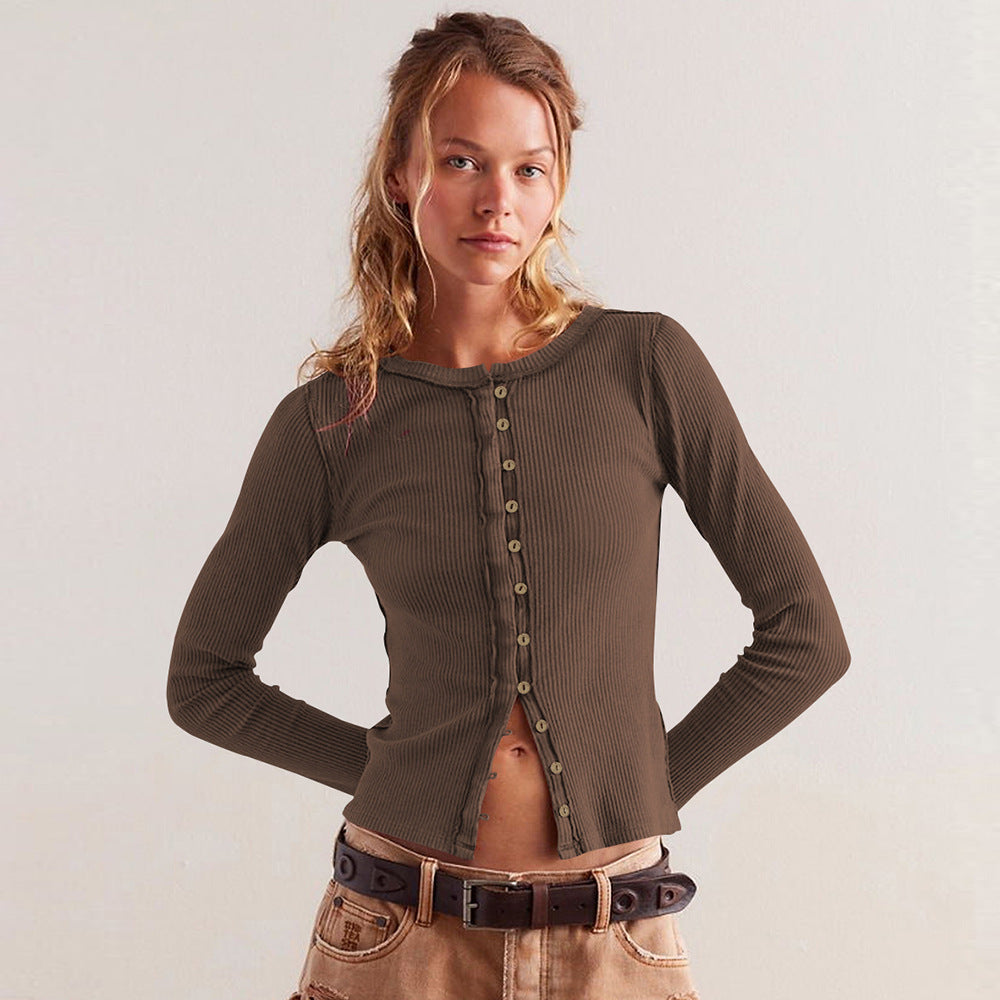 Damen Langärmliges Rippoberteil mit durchgehender Knopfleiste und figurbetontem Schnitt Amawinc