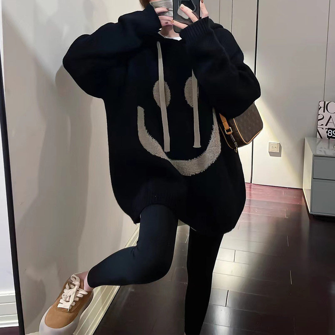 Damen Lässiger Oversized-Pullover mit Smiley-Motiv Amawinc