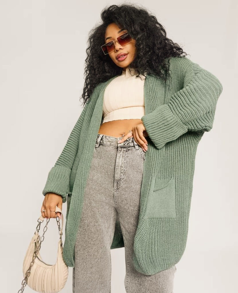 Cardigan Tricot Pour Femme Oversize En Mélange De Laine Ouvert Devant Avec Manches Côtelées