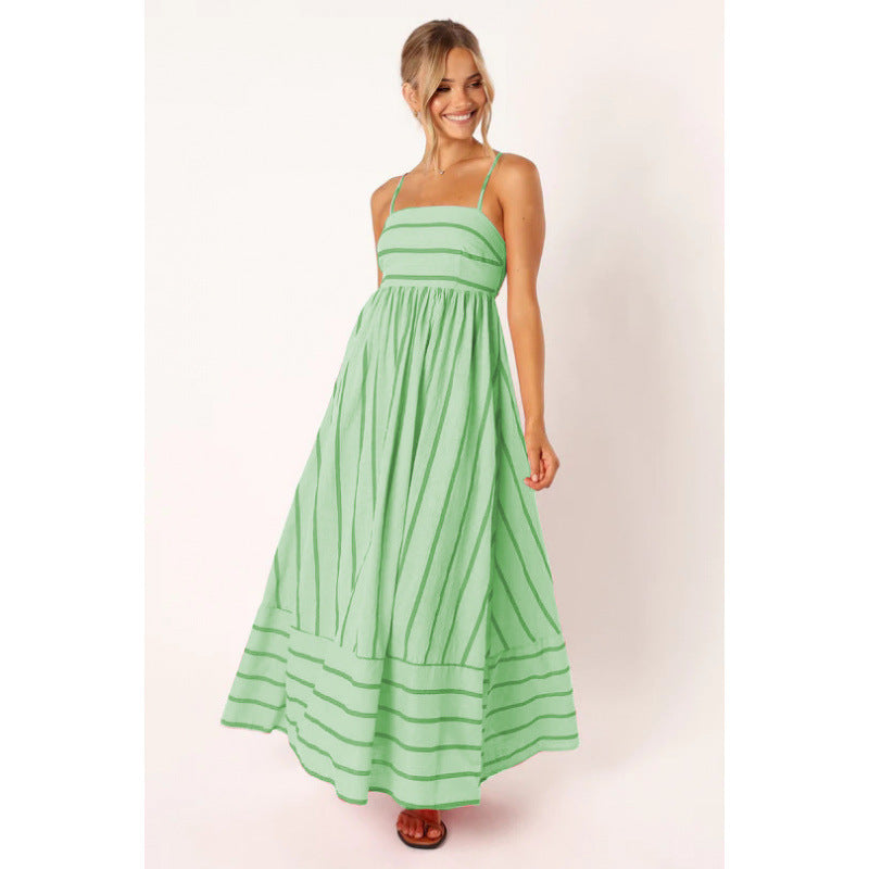 Damen Maxikleid mit feinen Streifen und elastischem Taillenbund Amawinc