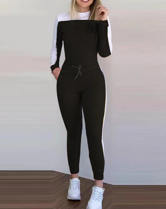 Damen Sportlicher Jumpsuit mit abnehmbaren Trägern und seitlichen Kontraststreifen Amawinc