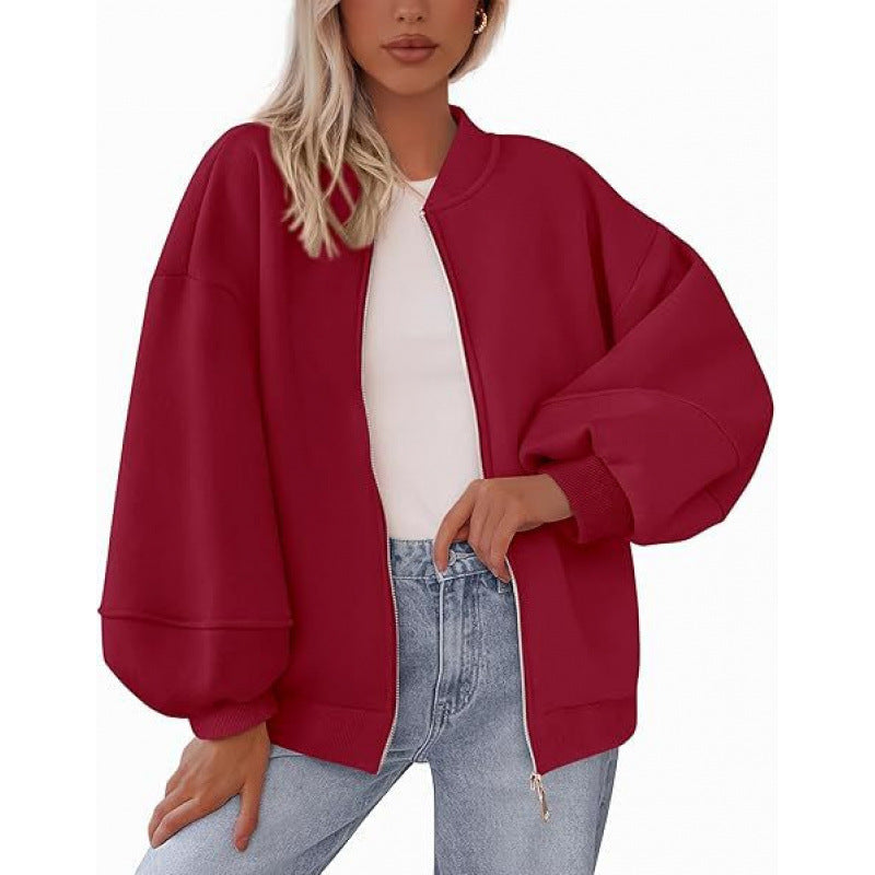 Damen lässige Oversized-Jacke mit Reißverschluss und ballonen Ärmeln Amawinc