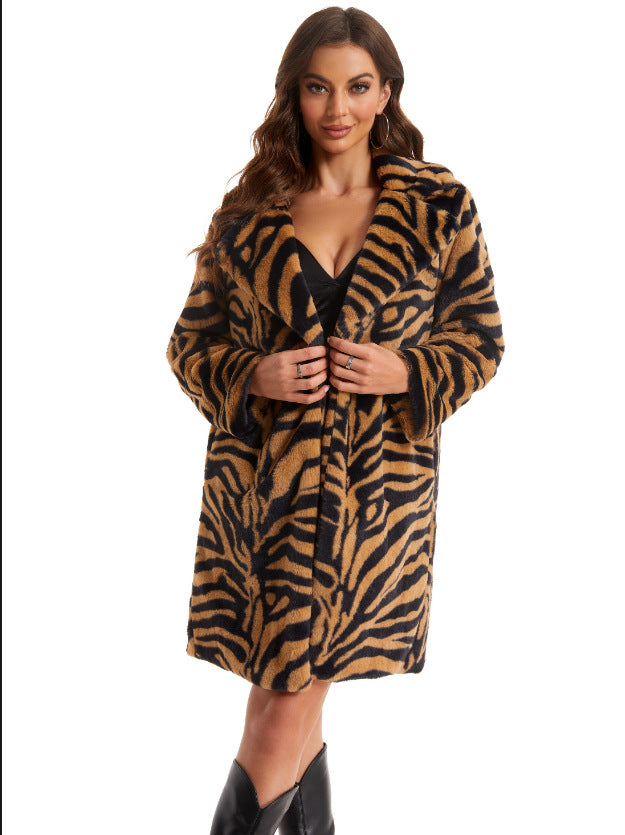 Damen Stylish und flauschiger Kunstfellmantel mit Zebra-Design Amawinc