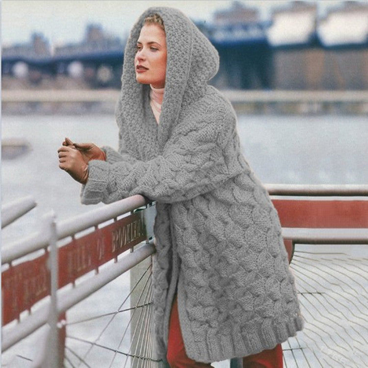 Damen oversized Grobstrickmantel mit Kapuze Amawinc