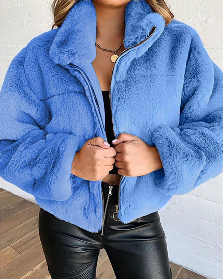 Damen Flauschige Trendjacke mit hohem Kragen Amawinc