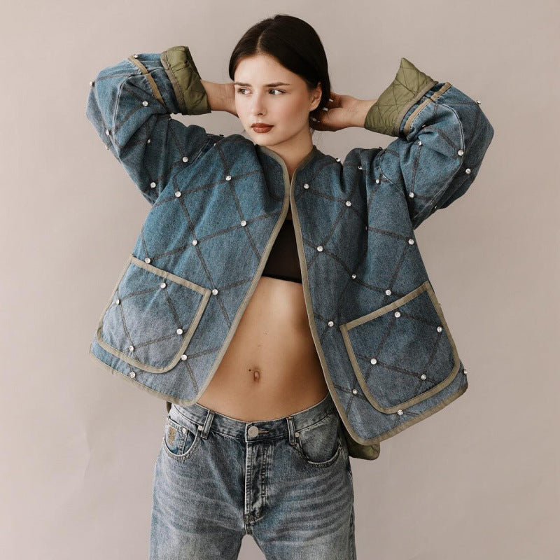 Damen modische denim Jacke mit Diamantsteppung Amawinc