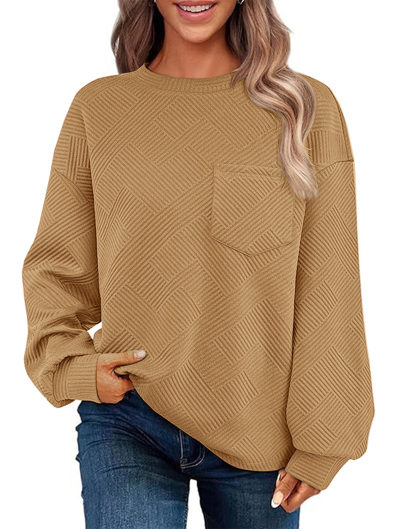 Damen Lässiger Pullover mit strukturiertem Muster und praktischen Taschen Amawinc