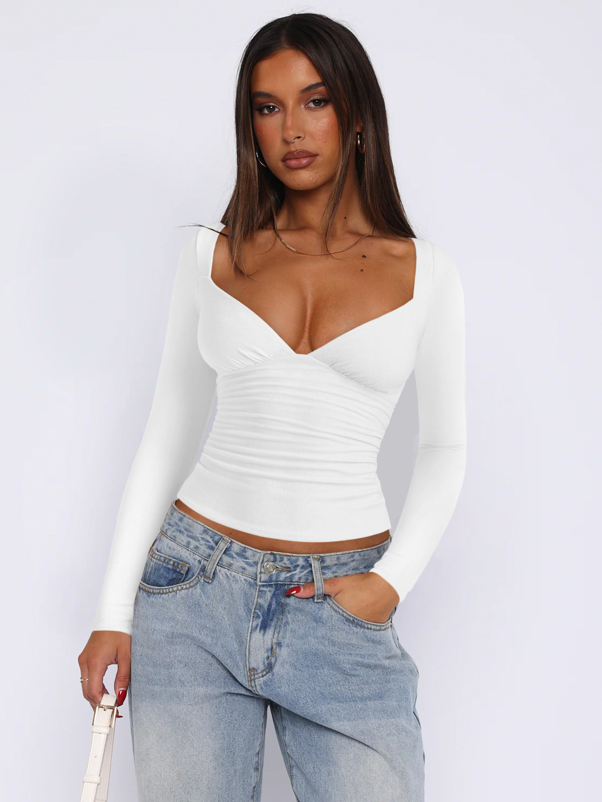 Damen figurbetontes Langarmoberteil mit V-Ausschnitt und Raffungen Amawinc