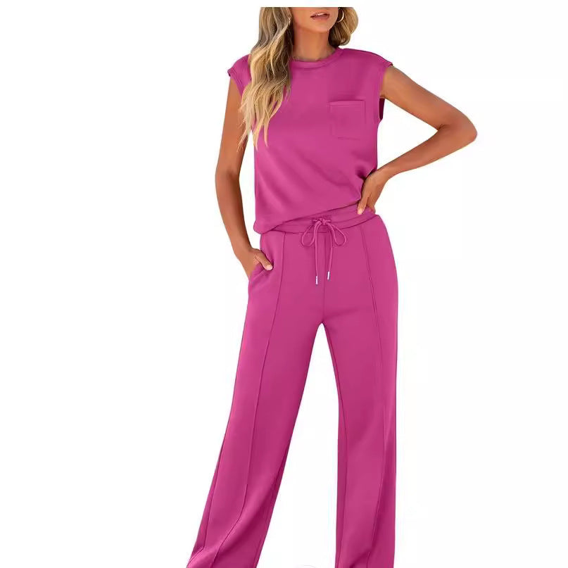 Ensemble Deux Pièces Femme Haut Sans Manches Coupe Ample Tissu Léger Respirant Taille Avec Cordon