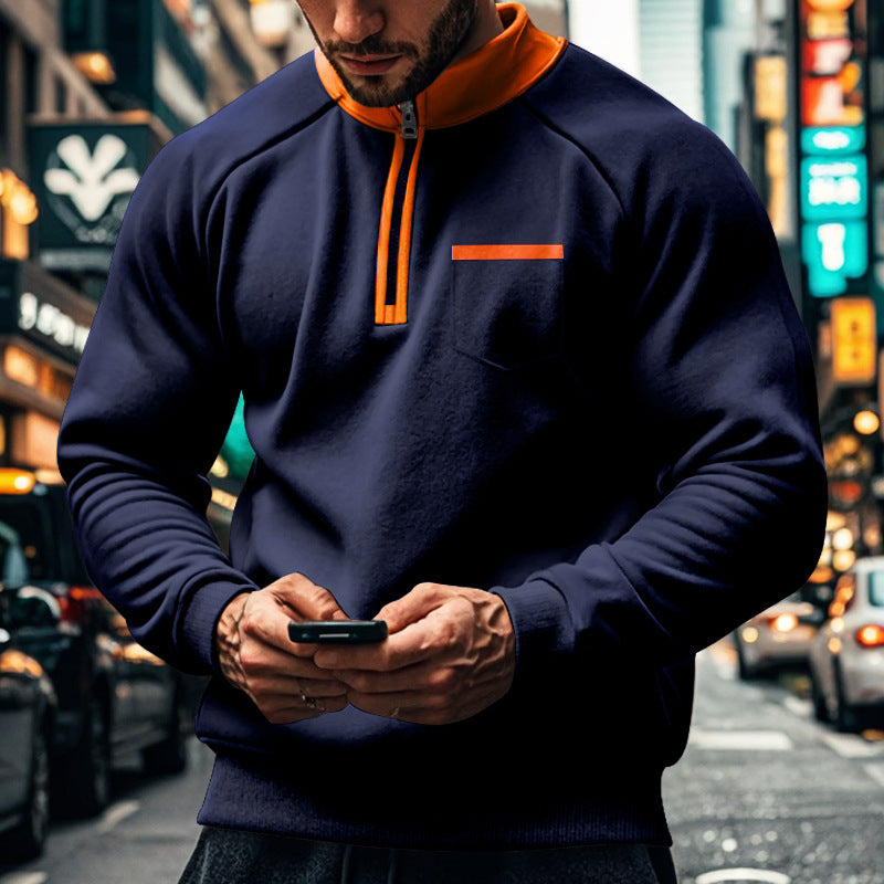Sweat Zippé Pour Homme Col Montant Poche Poitrine Coton Mélangé Coupe Régulière Confortable