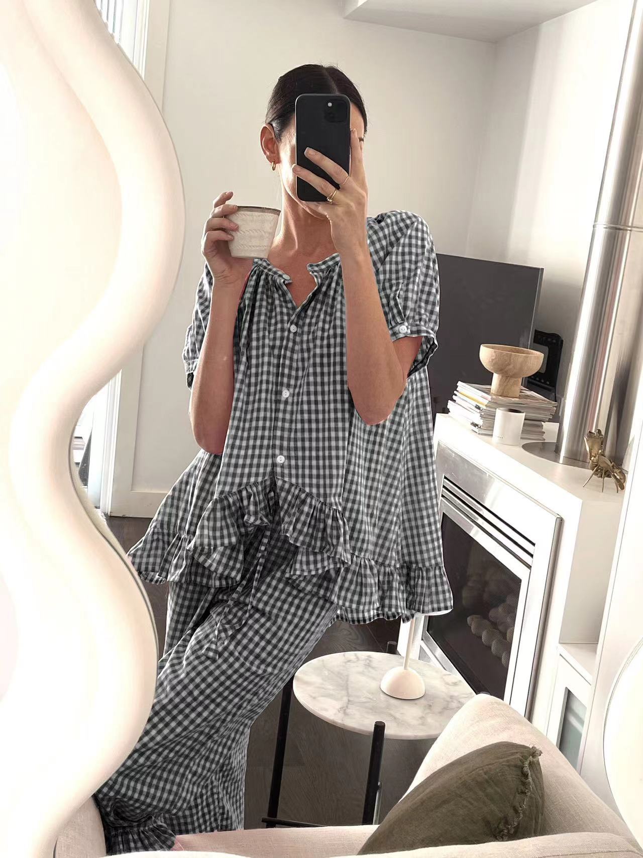 Ensemble Femme Chemise Pantalon Coton Léger Coupe Décontractée Détails Froncés Motif À Carreaux