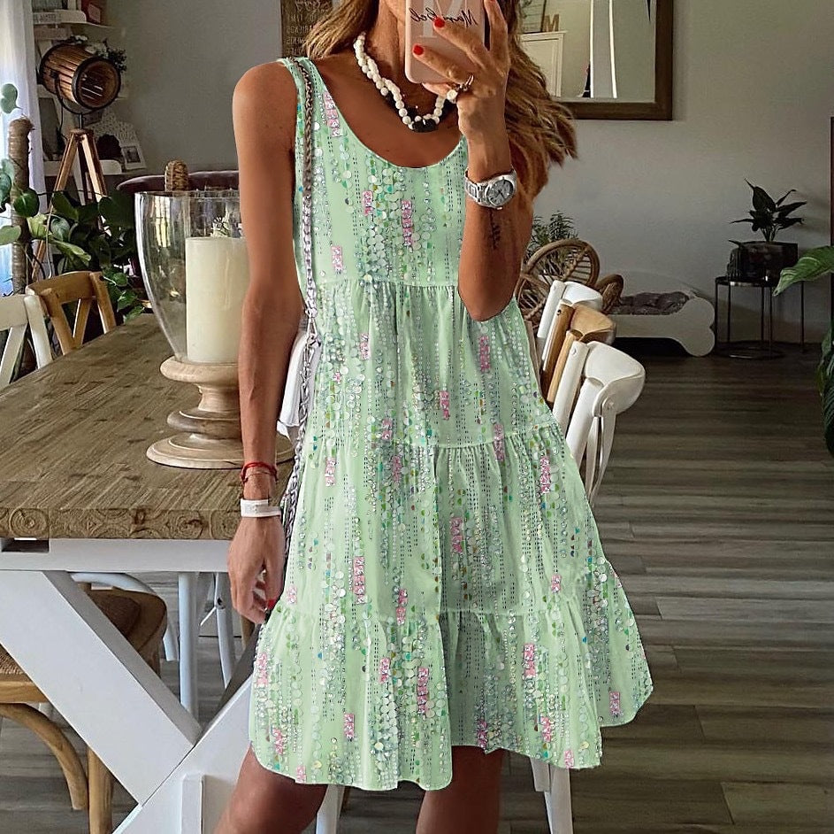 Robe Sans Manches Femme Col en U Coupe A Ligne Volants en Couches Coton Léger Respirant