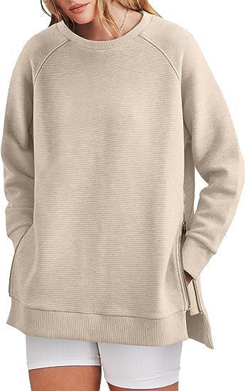 Damen lässiger Sweatshirt mit Seitentaschen und Reißverschluss Amawinc