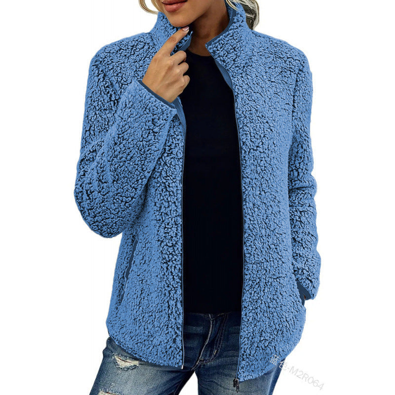 Damen flauschige Fleecejacke mit hohem Kragen und seitlichen Taschen Amawinc