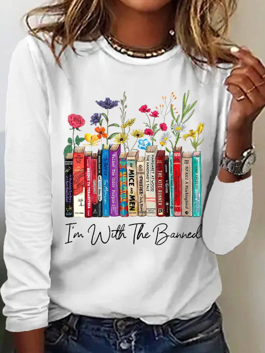 Damen Langarmshirt mit Bücher- und Blumenmotiv Amawinc