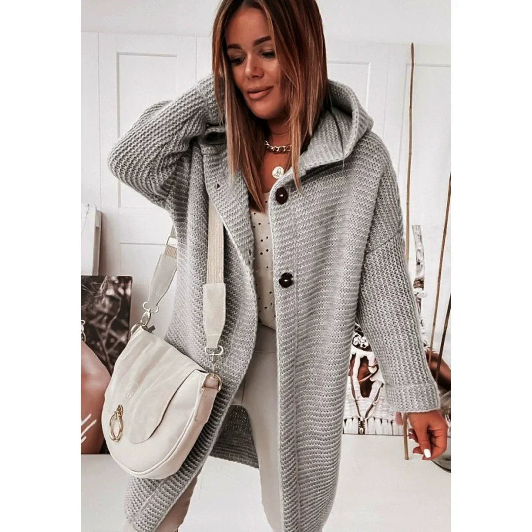 Cardigan à Capuche Femme Ample Longue Ligne Maille Côtelée Bouton Devant Épaules Tombantes