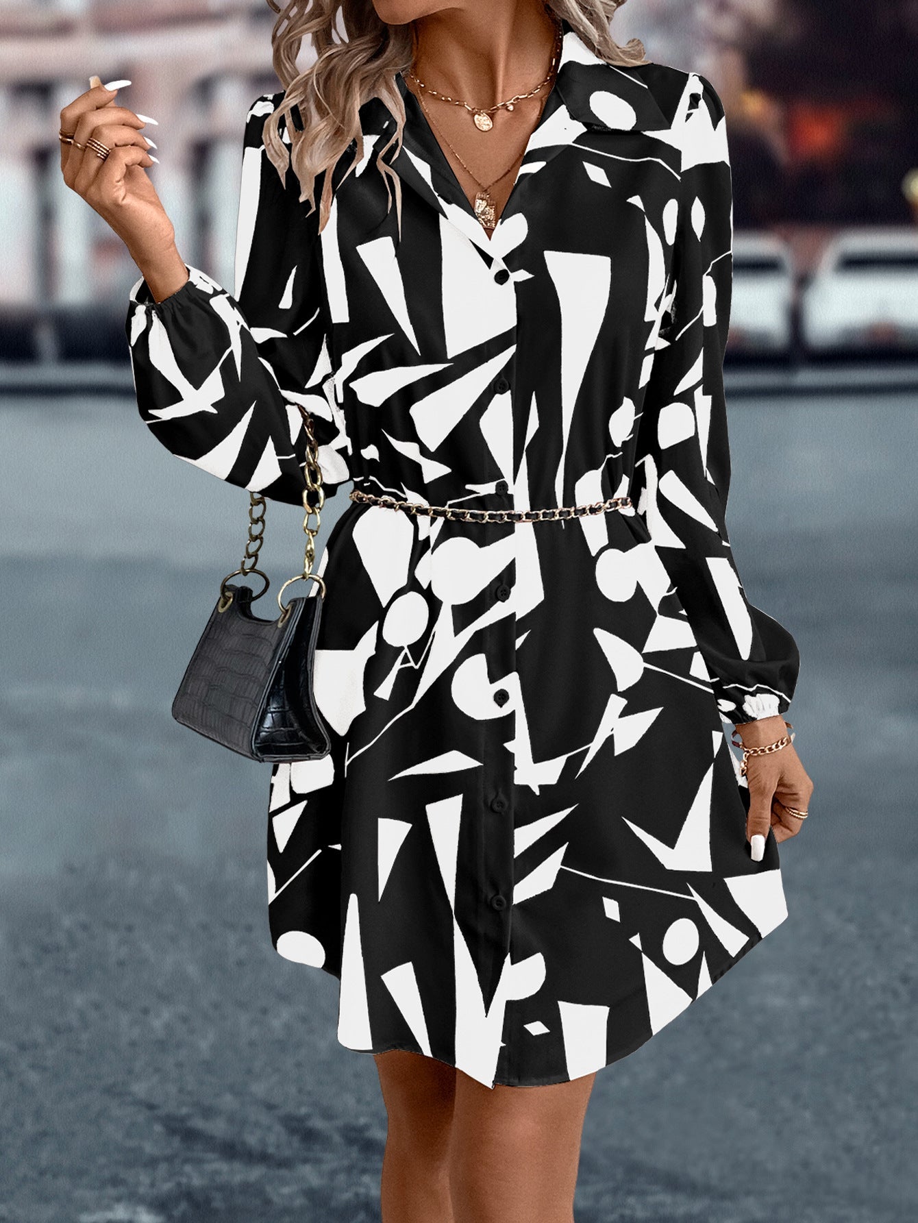 Damen Hemdblusenkleid im modernen Grafikdesign mit Bindegürtel Amawinc