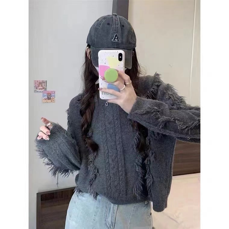 Damen Grobstrickpullover mit fransigen Details und lässigem Schnitt Amawinc