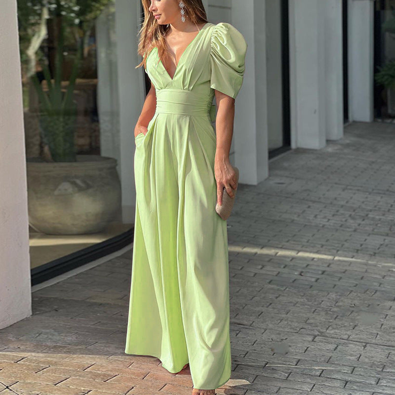 Combinaison Femme À Jambes Larges Col V Manches Bouffantes Taille Cintrée Poches
