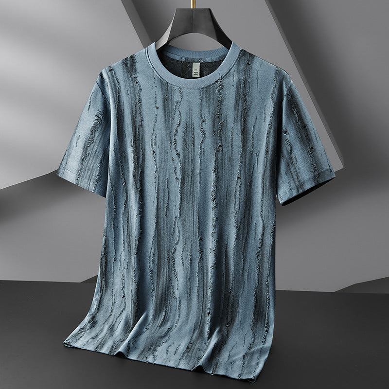 T Shirt Effet Distress Col Rond Manches Courtes Avec Rayures Verticales Texturées Et Coupe Décontractée