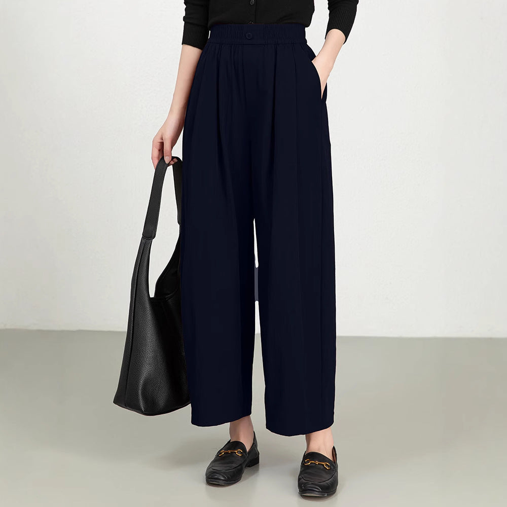 Pantalon Femme À Jambes Larges Taille Haute Élastique Twill Léger Coupe Décontractée Amawinc