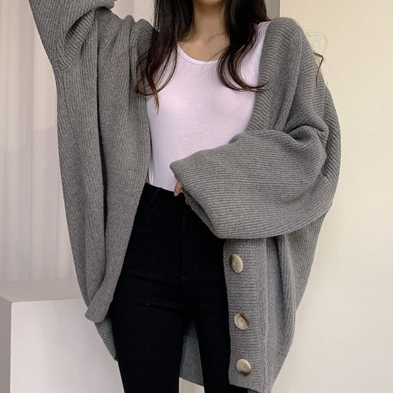 Damen Grobstrick Cardigan mit oversized Schnitt und dekorativen Knöpfen Amawinc