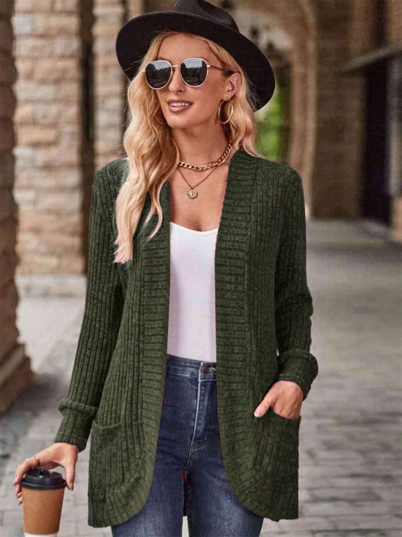 Damen offene Strickjacke mit strukturierter Oberfläche und praktischen Taschen Amawinc