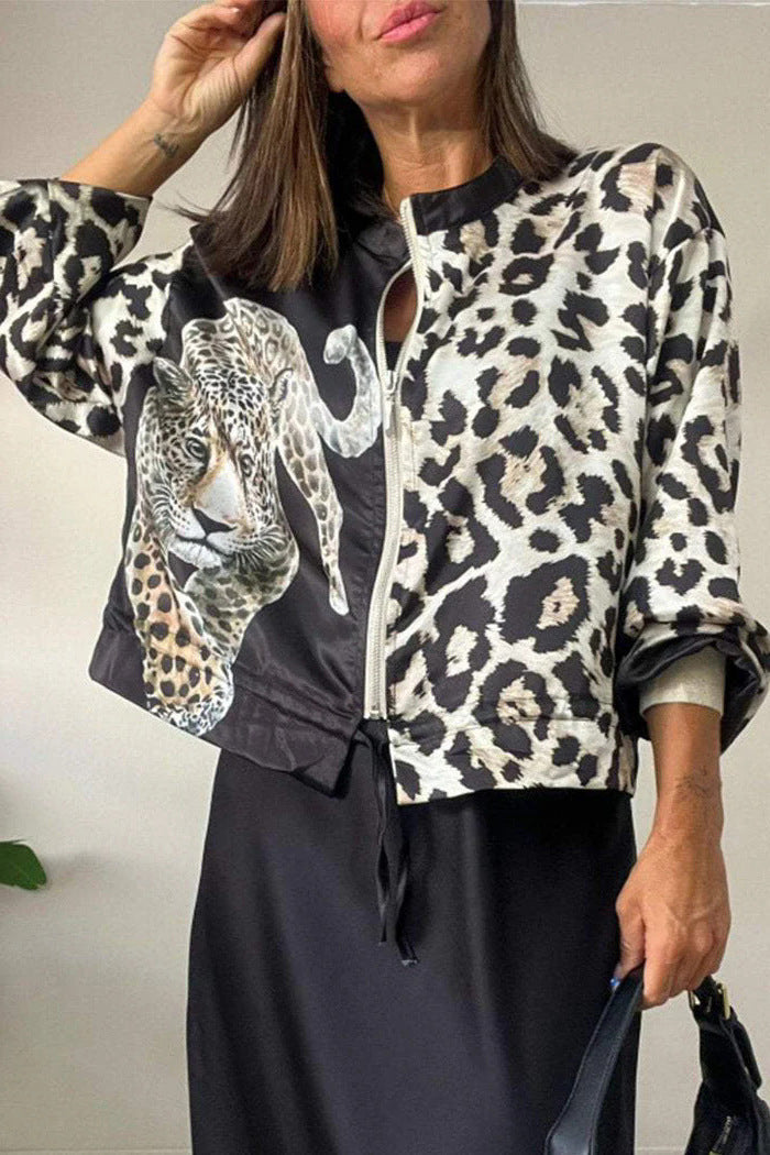 Damen entspannte Bomberjacke mit extravagantem Leoparden-Motiv Amawinc