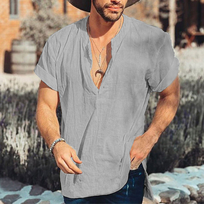 Nordisk Flair Chemise Homme Manches Courtes Col V En Fibres Naturelles Décontractée