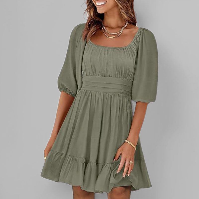 Robe Femme Amawinc En Coton À Coupe Évasée Col Carré Manches Bouffantes Ourlet À Volants