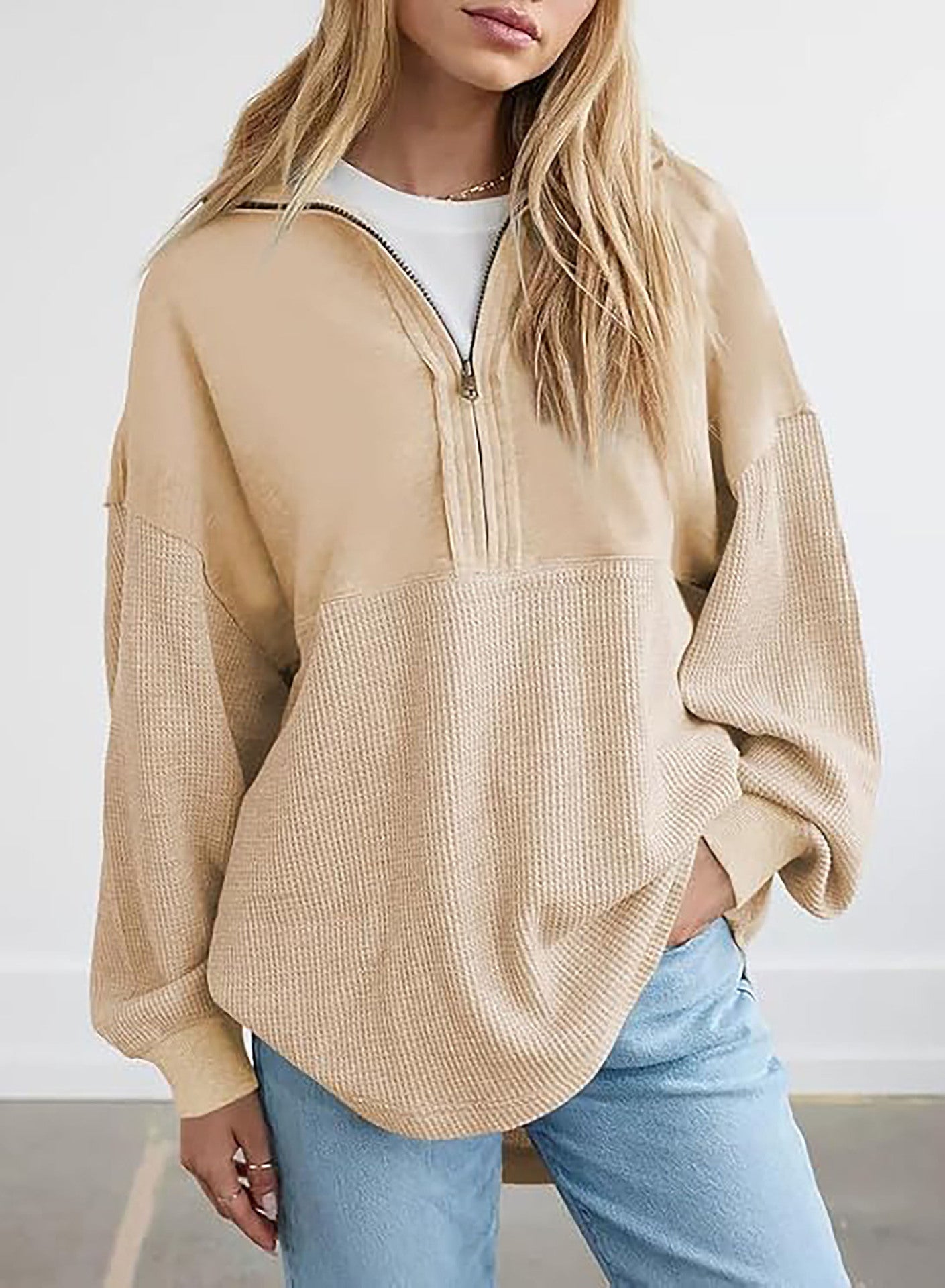 Damen lässiger Kapuzenpullover mit halblangem Reißverschluss und strukturiertem Material Amawinc
