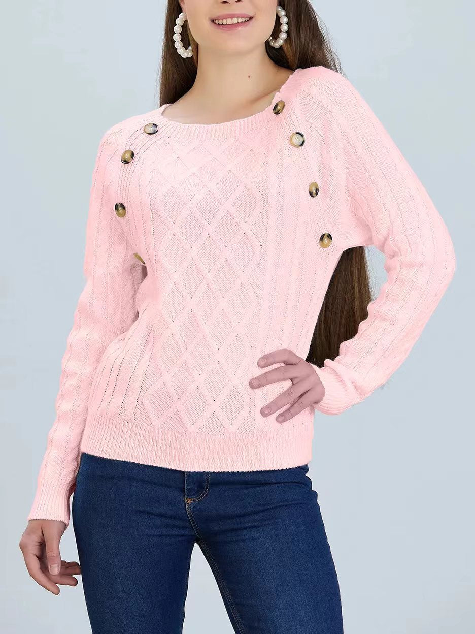 Damen Strickpullover mit klassischem Rautenmuster und dekorativen Knöpfen Amawinc