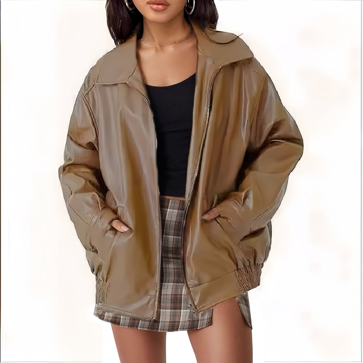 Damen modische und oversized Kunstlederjacke Amawinc